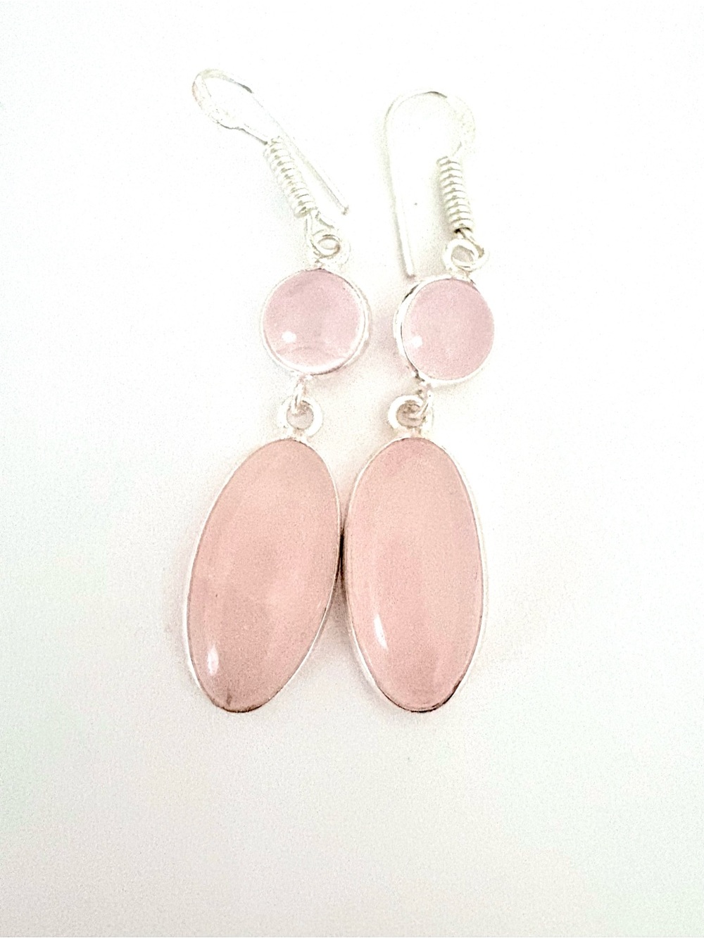 Pretty 2 inch, 2 stone , Rose Quartz earrings.